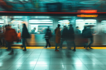 A crowd of people stands in the subway waiting for their train. Passengers. Blurred photo in motion