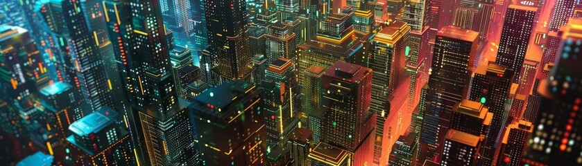 Obraz premium A stunning aerial view of a futuristic city with vibrant neon lights illuminating skyscrapers at night, creating a cyberpunk atmosphere.