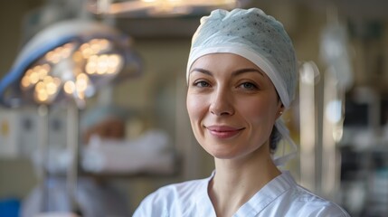 Portrait of a female surgeon doctor wearing surgical gown smiling and working in an operating room in a hospital