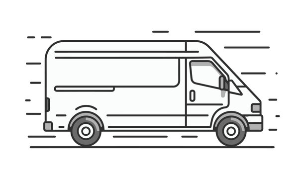 recommend clip art: A line drawing of a van in side view, depicted in motion with speed lines trailing behind, suggesting rapid movement. Flat vector illustration.