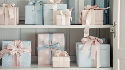 Delicately wrapped gifts in soft pastel colors polka dot pattern ribbons, neatly displayed white shelves pink blue paper boxes retail shop merchandise packaging feminine baby shower bridal wrap box 
