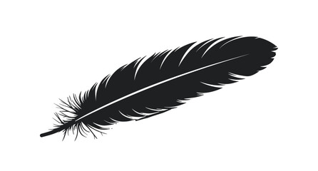A single black feather silhouette, showcasing its intricate details on a white background. Flat vector illustration.