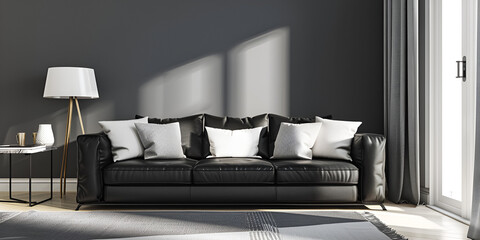 Modern Gray Living Room Featuring a Black Leather Sofa and Empty Wall with side window from sunny rays come and make the shadow