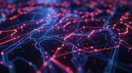 Abstract glowing circuit board with bright neon lights, representing technology, communication, and data transfer.