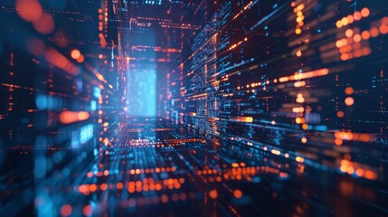 Fototapeta premium Abstract image depicting a futuristic digital data network with flowing lights in blue and orange hues, representing technology and connectivity.