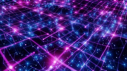 Abstract neon light grid with purple and blue lines representing futuristic data connection and network visualization.