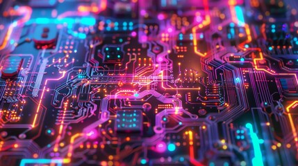 Fototapeta premium Close-up of a colorful, illuminated circuit board showcasing intricate electronic components and pathways, representing modern technology.