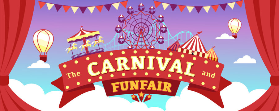 Carnival funfair with fireworks rays. Amusement park carousels