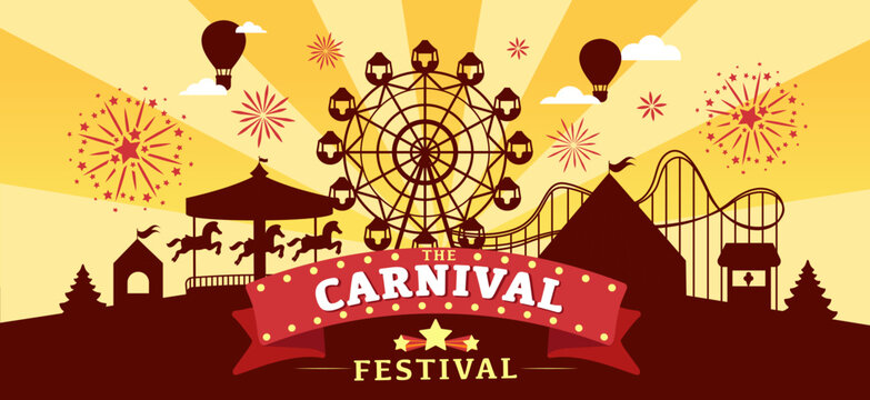 Carnival funfair with fireworks rays. Amusement park carousels