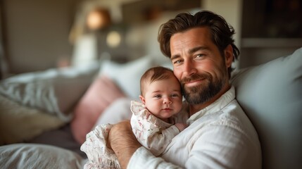 Obraz premium Smiling Father Holding Baby Daughter in Cozy Home Setting