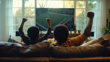 Father and Son Cheering for Sports Game on TV in Cozy Living Room