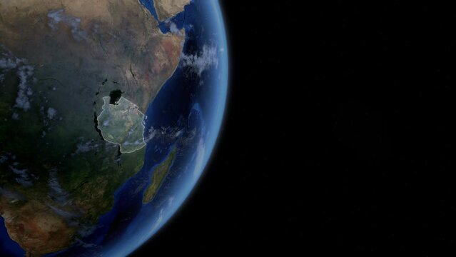 Fly Zoom into Tanzania through space to see the country map region from above from space. Detailed map Showing area, HD and 4K. Animation.