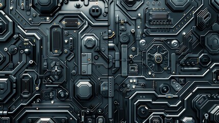 Fototapeta premium Futuristic circuit board pattern in dark tones, showcasing detailed technology components and intricate electrical pathways.