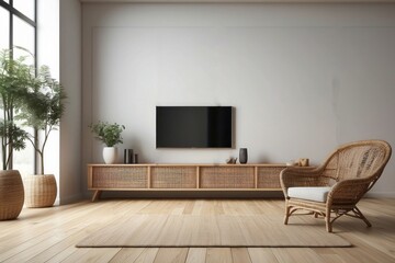 Fototapeta premium Interior home of living room with wooden cabinet for TV LED and rattan armchair furniture wicker on white wall, hardwood floor