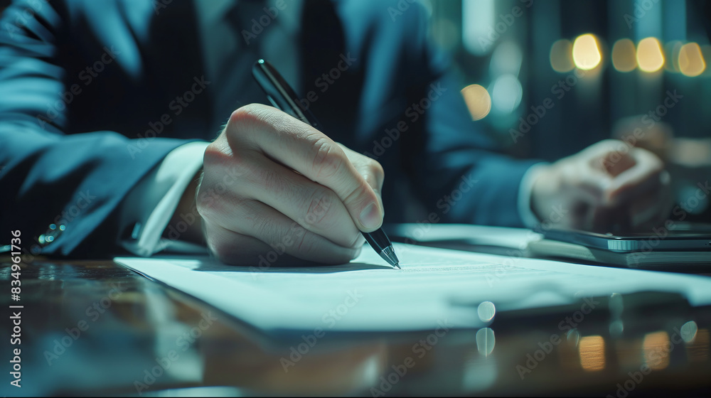 Poster close-up of a person signing a document, bokeh lights background, concept of business agreement. gen