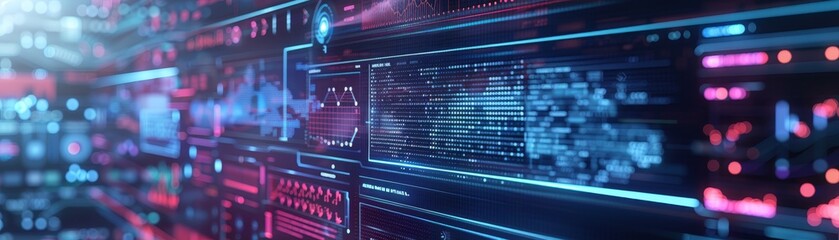 Futuristic digital interface with vibrant colors, depicting advanced technology and data analysis in a modern network environment.