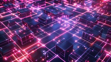Obraz premium Futuristic digital landscape with glowing neon grids and blocks, representing data networks, artificial intelligence, and advanced technology.