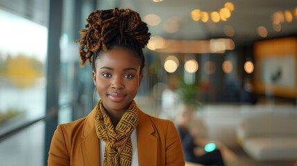 Young African American female receptionist in a stylish outfit, warmly greeting visitors in a corporate lobby
