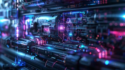 Fototapeta premium Futuristic technology background with glowing lights and complex circuits, ideal for tech presentations and innovation-themed projects.