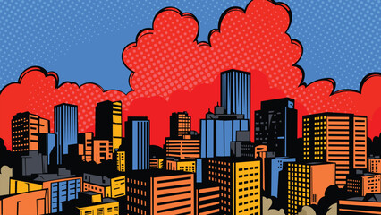 Comic book cartoon style city background. Comic cartoon style big city background, halftone texture © Abrar Tabish