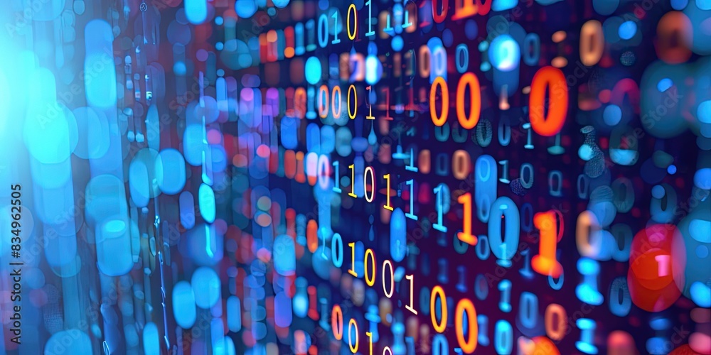 Wall mural glowing binary code on digital ux screen