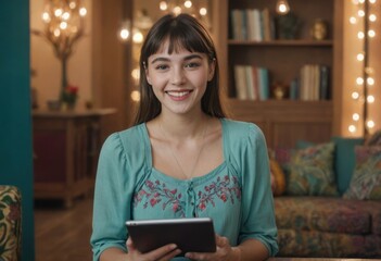 Cheerful young woman using a tablet in a cozy, well-decorated space. Friendly and warm home or cafe environment.