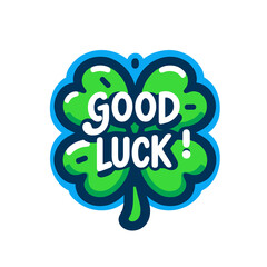 Four leaf clover with the inscription "Good luck!" a white background, icon, flat colors