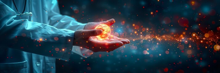 Opened doctor hands with interface as medical network connection with modern  technology network concept