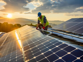 One man worker hard hat safety vest installs solar panels on home roof top sunset renewable energy installation clean green sustainable electricity sun power construction worker climate money saving
