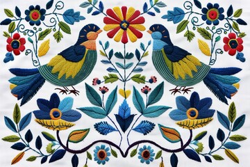 Naklejka premium Colorful Scandinavian folk embroidery design featuring two birds, vibrant flowers, and intricate leaves