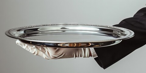 Waiter tray butler hand serve hold plate isolated white man silver empty glove servant.