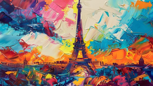 An abstract oil painting of the Eiffel Tower with vibrant colors and dynamic brushstrokes. The painting features the iconic structure with bold hues swirling around it and an abstract representation