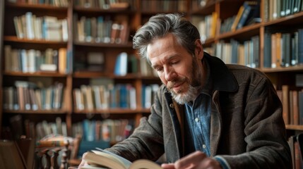 A professor discussing a book with a literature class focus on literature, discussion theme, realistic, overlay, library backdrop