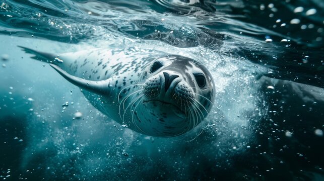 Beneath the ice, a leopard seal swimming, bubbles rising, Arctic underwater journey