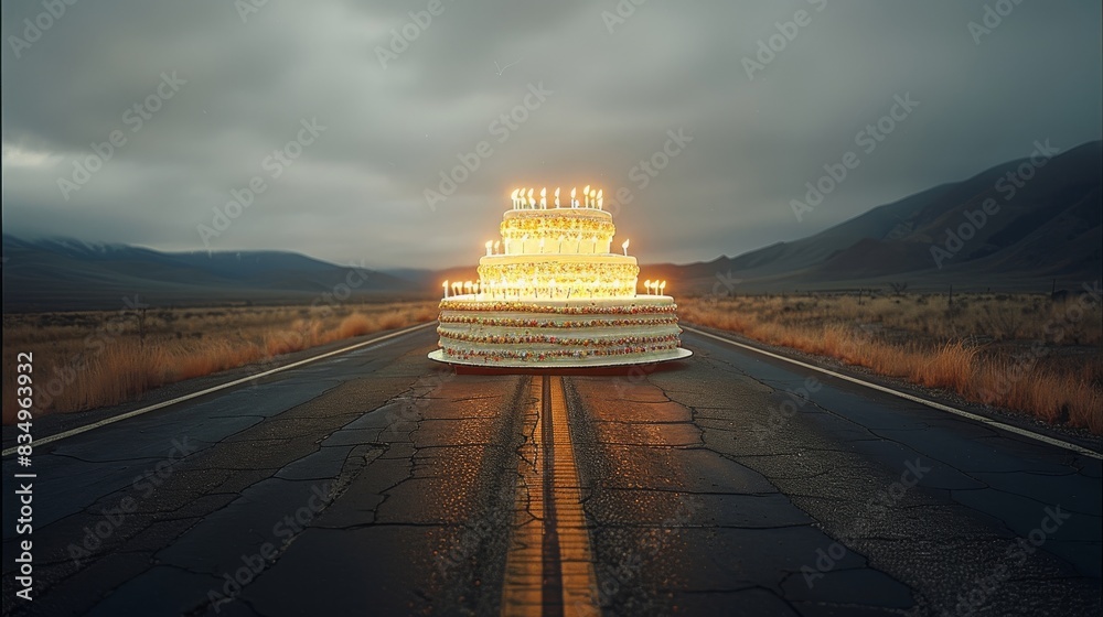 Poster giant birthday cake with candles lit up by the side of an empty highway. generative ai.