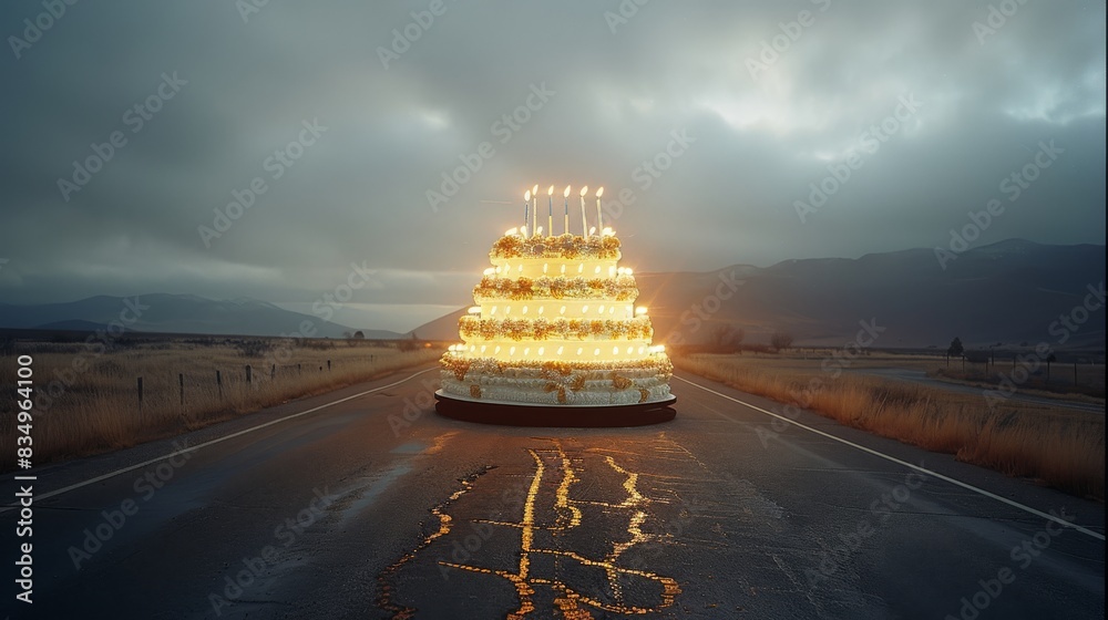Poster giant birthday cake with candles lit up by the side of an empty highway. generative ai.
