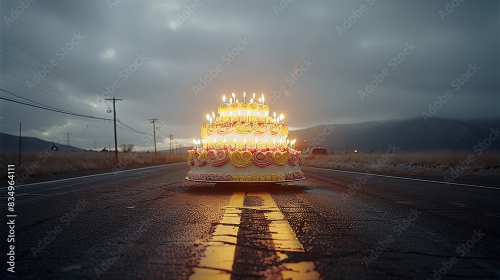 Aufkleber giant birthday cake with candles lit up by the side of an empty highway. generative ai.