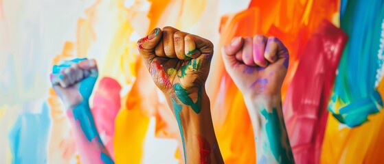 Obraz premium Three painted fists raised in unity against a colorful abstract background.