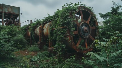 Rusting waste machinery, overgrown with lush vegetation, shows nature reclaiming an old industrial zone.