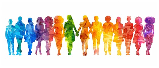 A group of diverse people walking together, each person colored in a different shade of the rainbow.