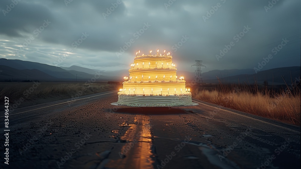 Poster giant birthday cake with candles lit up by the side of an empty highway. generative ai.
