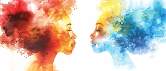 Abstract watercolor painting of two women facing each other.