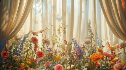 An enchanting wedding backdrop set in a field of wildflowers, with vibrant colors and diverse blooms. Light, airy curtains in soft pastel shades are backlit by the natural light. Generative AI.
