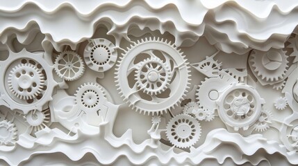 The image is a close-up of a white mechanical gear train.