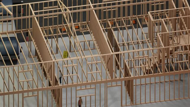 under construction house site, frame structure, with large machines, seamless looping 3D blueprint animation