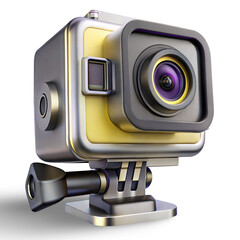 A camera with a yellow and black body