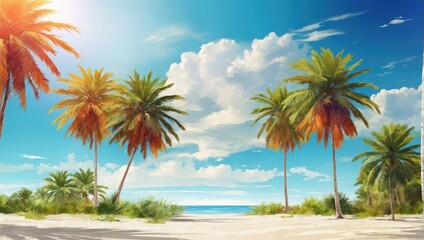 Summertime background with palm trees, summer sun and white brush strokes for your season graphic design. Hot Sunny Days. Vector illustration.