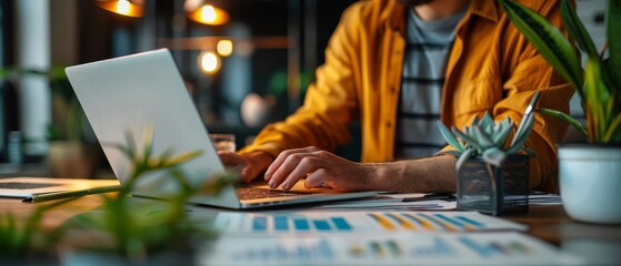A project manager analyzing data and metrics on a laptop focus on analysis, datadriven theme, vibrant, multilayer, office desk backdrop