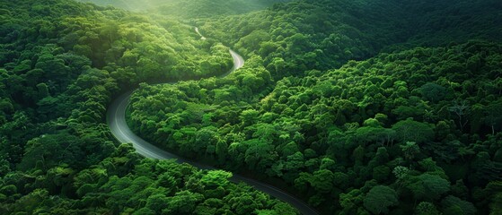Earth's green energy roadmap, aerial view of pathways, lush forest, winding road, sustainability