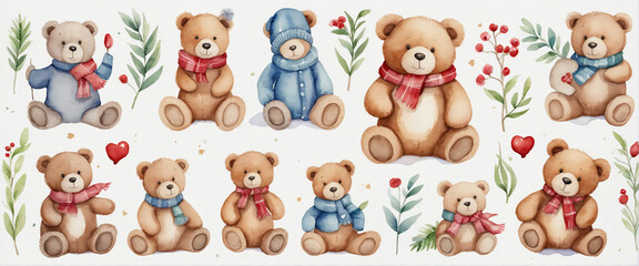 Fototapeta premium Collection of festive watercolor Teddy bear characters perfect for holiday greeting cards, invitations, and Christmas decorations